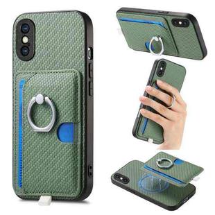 For iPhone XS Max Carbon Fiber Ring Side Insert Card Bag MagSafe Phone Case(Green)