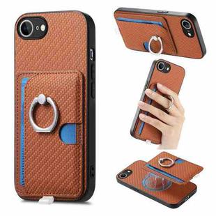 For iPhone 7 / 8 / SE 2022 Carbon Fiber Ring Side Insert Card Bag MagSafe Phone Case(Brown)