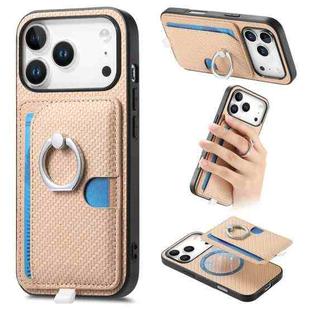 For iPhone 17 Pro Max Carbon Fiber Ring Side Insert Card Bag MagSafe Phone Case(Khaki)
