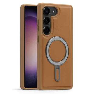 For Samsung Galaxy S23 5G Silver Shield MagSafe Holder Shockproof Phone Case(Brown)