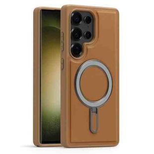 For Samsung Galaxy S23 Ultra 5G Silver Shield MagSafe Holder Shockproof Phone Case(Brown)