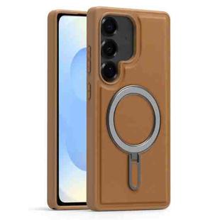 For Samsung Galaxy S25 5G Silver Shield MagSafe Holder Shockproof Phone Case(Brown)