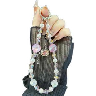 Alloy Pendant Cat Heidi Beads Mobile Phone Chain(Pink)
