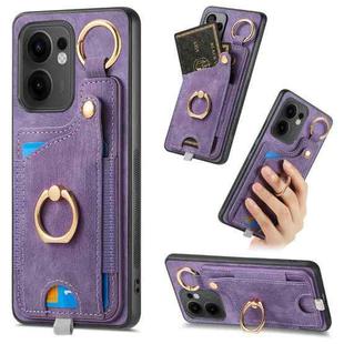 For OPPO Reno13 F Retro Skin-feel Ring Card Bag Phone Case with Hang Loop(Purple)