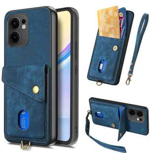 For OPPO Reno13 F Retro Card Wallet Fold Leather Phone Case with Strap(Blue)