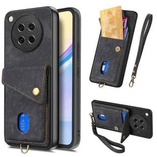 For OPPO Find X8s Retro Card Wallet Fold Leather Phone Case with Strap(Black)