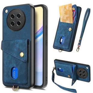 For OPPO Find X8s Retro Card Wallet Fold Leather Phone Case with Strap(Blue)