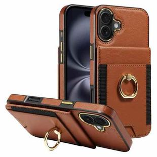 For iPhone 16 Plus Ring Multifunctional Vertical Flip Wallet Back Cover Leather Phone Case(Brown)