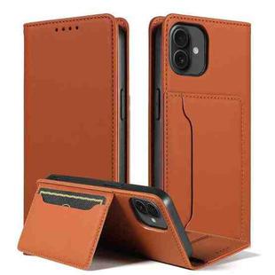 For iPhone 16 Plus Magnetism Skin Feel Card Holder Leather Phone Case(brown)