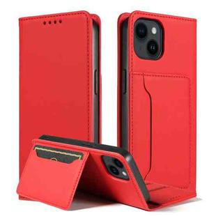 For iPhone 15 Magnetism Skin Feel Card Holder Leather Phone Case(red)