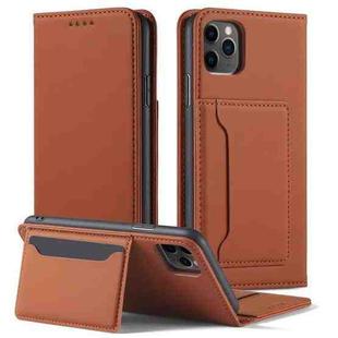 For iPhone 12 / 12 Pro Magnetism Skin Feel Card Holder Leather Phone Case(brown)
