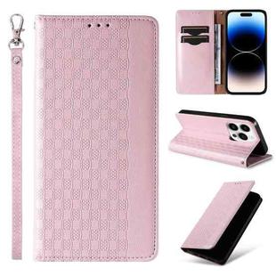 For iPhone 16 Pro Max Braided Embossed Strong Magnetic Leather Phone Case(Rose Gold)