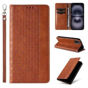 For iPhone 16 Plus Braided Embossed Strong Magnetic Leather Phone Case(Brown)