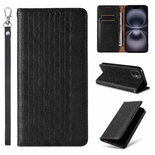 For iPhone 16 Braided Embossed Strong Magnetic Leather Phone Case(Black)