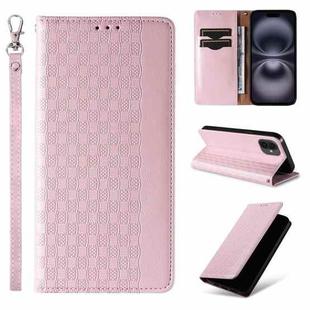 For iPhone 16 Braided Embossed Strong Magnetic Leather Phone Case(Rose Gold)