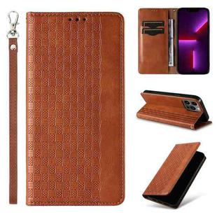 For iPhone 15 Pro Max Braided Embossed Strong Magnetic Leather Phone Case(Brown)