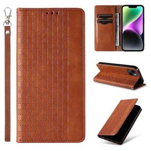For iPhone 14 Plus Braided Embossed Strong Magnetic Leather Phone Case(Brown)