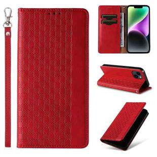 For iPhone 14 Braided Embossed Strong Magnetic Leather Phone Case(Red)