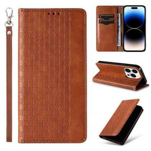 For iPhone 14 Pro Braided Embossed Strong Magnetic Leather Phone Case(Brown)