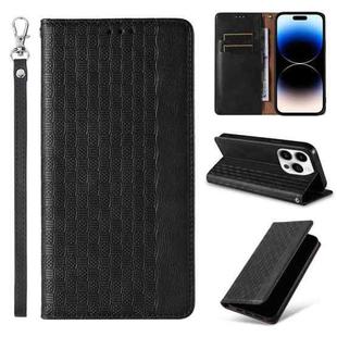 For iPhone 14 Pro Max Braided Embossed Strong Magnetic Leather Phone Case(Black)