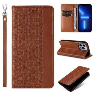 For iPhone 12 Pro Max Braided Embossed Strong Magnetic Leather Phone Case(Brown)