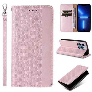 For iPhone 12 Pro Max Braided Embossed Strong Magnetic Leather Phone Case(Rose Gold)