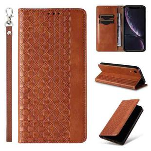 For iPhone XR Braided Embossed Strong Magnetic Leather Phone Case(Brown)