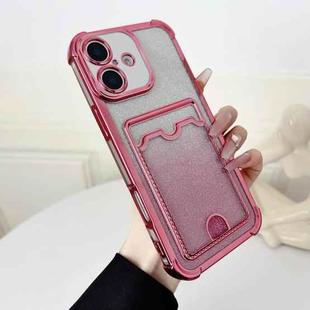 For iPhone 16 Plus Four-cornered Glitter Electroplated Card Bag TPU Phone Case(Pink)