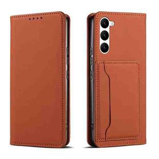 For Samsung Galaxy S23 5G Magnetism Skin Feel Card Holder Leather Phone Case(Brown)
