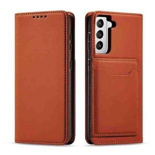 For Samsung Galaxy S21 5G Magnetism Skin Feel Card Holder Leather Phone Case(Brown)