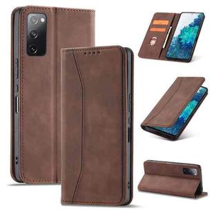 For Samsung Galaxy S20 FE Dreamy Magnetic Dual-fold Calfskin Leather Phone Case(Coffee)