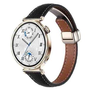 20mm Slim Litchi Texture Fold Magnetic Buckle Genuine Leather Watch Band(Black)