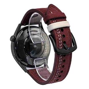 20mm Seven-Line Tri-Star Buckle Pull Up Leather Watch Band(Wine Red White Thread)