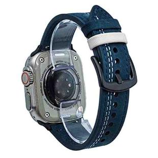 For Apple Watch 46mm / 49mm / 45mm / 44mm 7-Line Tri-Star Buckle Pull Up Leather Watch Band(Dark Blue White Thread)