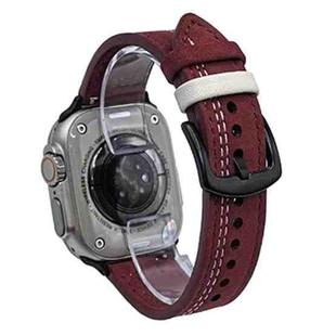 For Apple Watch 46mm / 49mm / 45mm / 44mm 7-Line Tri-Star Buckle Pull Up Leather Watch Band(Burgundy White Thread)
