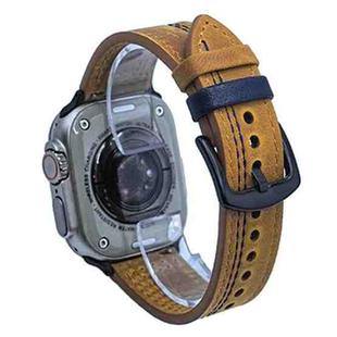 For Apple Watch 46mm / 49mm / 45mm / 44mm 7-Line Tri-Star Buckle Pull Up Leather Watch Band(Crazy Horse Light Brown Blue Thread)