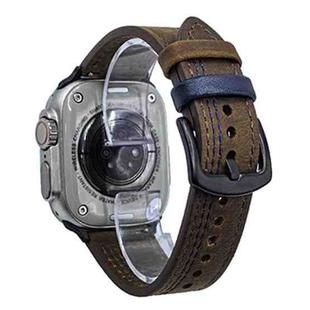 For Apple Watch 46mm / 49mm / 45mm / 44mm 7-Line Tri-Star Buckle Pull Up Leather Watch Band(Crazy Horse Dark Brown Blue Thread)