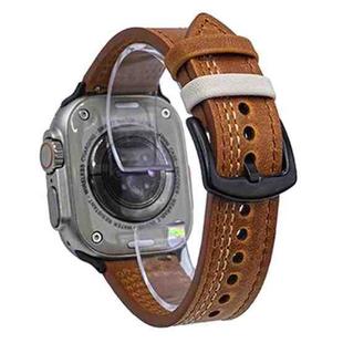 For Apple Watch 42mm / 41mm / 40mm / 38mm 7-Line Tri-Star Buckle Pull Up Leather Watch Band(Crazy Horse Yellow Brown White Thread)