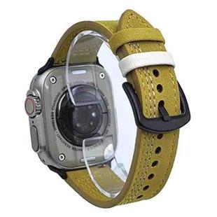 For Apple Watch 42mm / 41mm / 40mm / 38mm 7-Line Tri-Star Buckle Pull Up Leather Watch Band(Light Yellow White Thread)