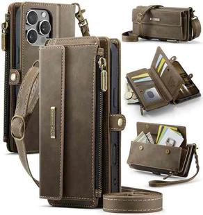 For iPhone 16 Pro CaseMe C39 RFID Blocking Zipper Wallet Leather Phone Case with Crossbody Strap(Coffee)