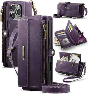 For iPhone 16 Pro CaseMe C39 RFID Blocking Zipper Wallet Leather Phone Case with Crossbody Strap(Purple)