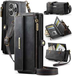 For iPhone 13 Pro CaseMe C39 RFID Blocking Zipper Wallet Leather Phone Case with Crossbody Strap(Black)