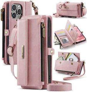 For iPhone 13 Pro CaseMe C39 RFID Blocking Zipper Wallet Leather Phone Case with Crossbody Strap(Pink)
