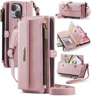 For iPhone 13 mini CaseMe C39 RFID Blocking Zipper Wallet Leather Phone Case with Crossbody Strap(Pink)