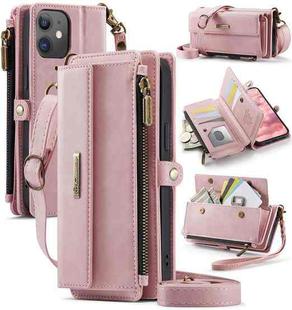 For iPhone 12 / 12 Pro CaseMe C39 RFID Blocking Zipper Wallet Leather Phone Case with Crossbody Strap(Pink)
