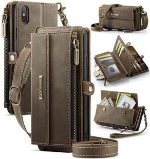 For iPhone XS Max CaseMe C39 RFID Blocking Zipper Wallet Leather Phone Case with Crossbody Strap(Coffee)