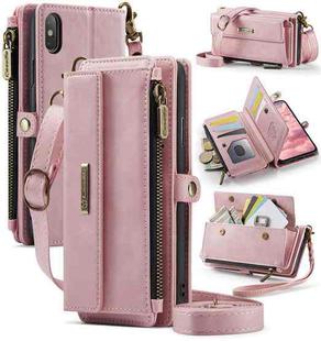 For iPhone XS Max CaseMe C39 RFID Blocking Zipper Wallet Leather Phone Case with Crossbody Strap(Pink)