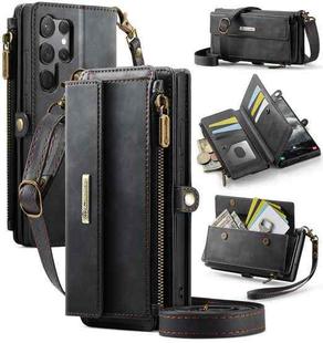 For Samsung Galaxy S23 Ultra 5G CaseMe C39 RFID Blocking Zipper Wallet Leather Phone Case with Crossbody Strap(Black)