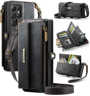 For Samsung Galaxy S22 Ultra 5G CaseMe C39 RFID Blocking Zipper Wallet Leather Phone Case with Crossbody Strap(Black)
