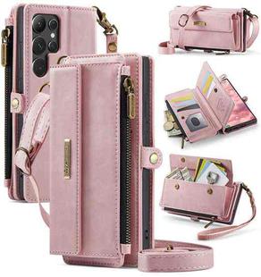 For Samsung Galaxy S22 Ultra 5G CaseMe C39 RFID Blocking Zipper Wallet Leather Phone Case with Crossbody Strap(Pink)